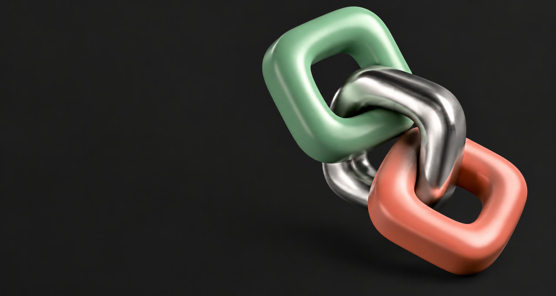 Interconnected mint, chrome and coral sculptural links